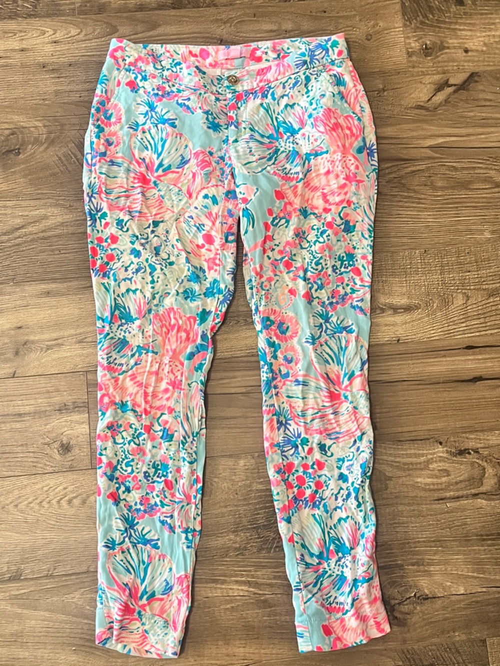 Lilly Pulitzer Floral Print Skinny Pants Size 00 Pink Blue Tropical Stretch